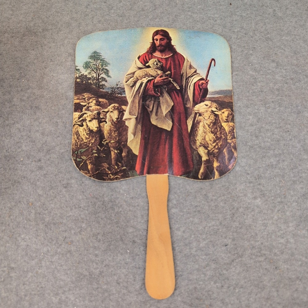 Vintage Jesus Good Shepherd Handheld Funeral Fan Steadman-West Funeral Home GA - Picture 1 of 2